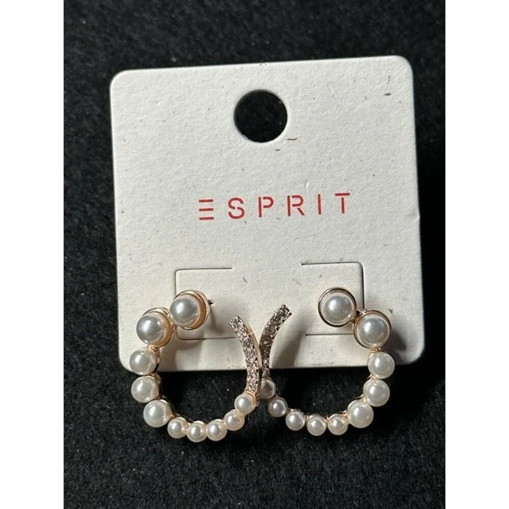ESPRIT Gold Tone Pearl Rhinestone Hoop Earrings Crescent Style Boho New Pair